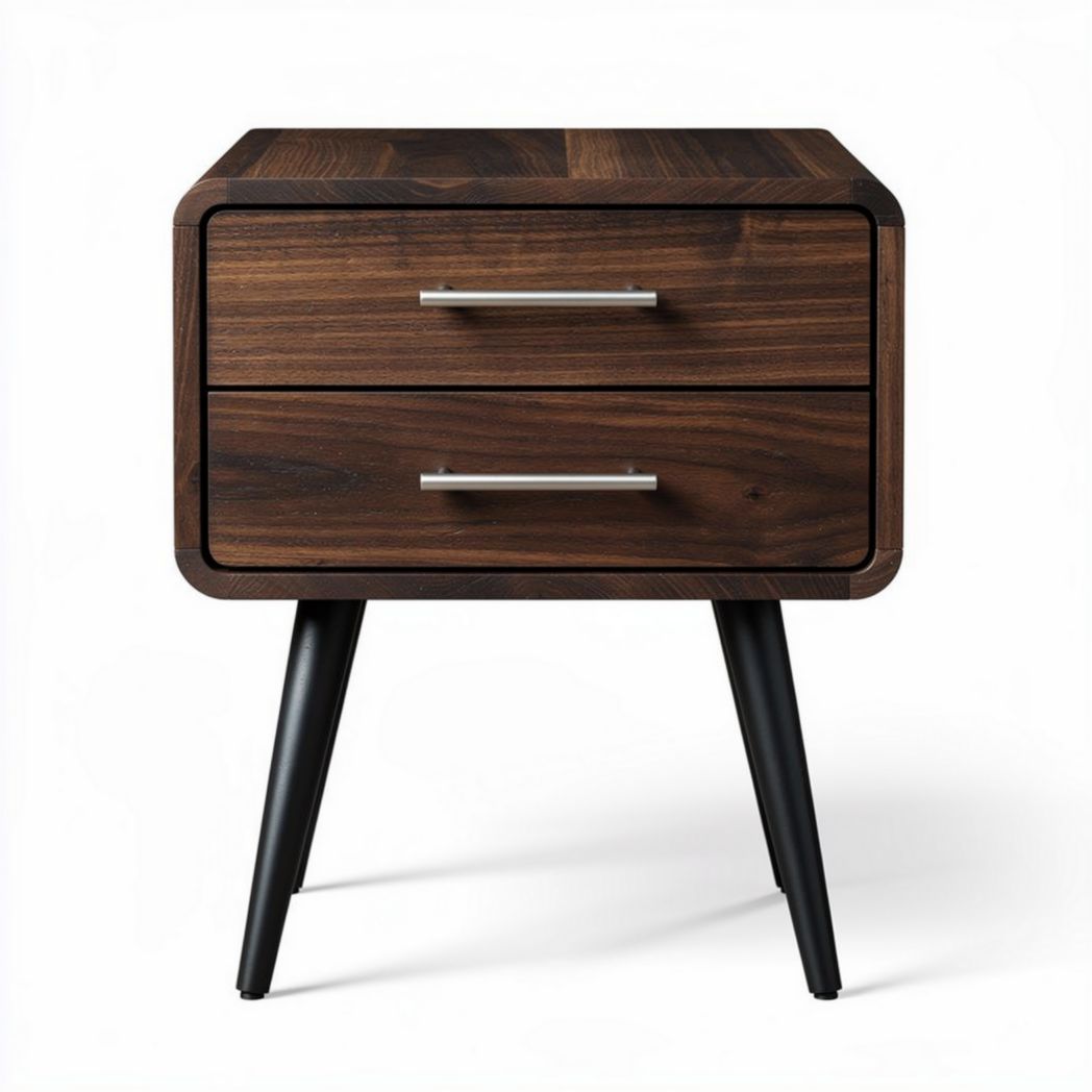 Wooden nightstand with two drawers and metal legs in walnut finish 50 x 40 x 50cm