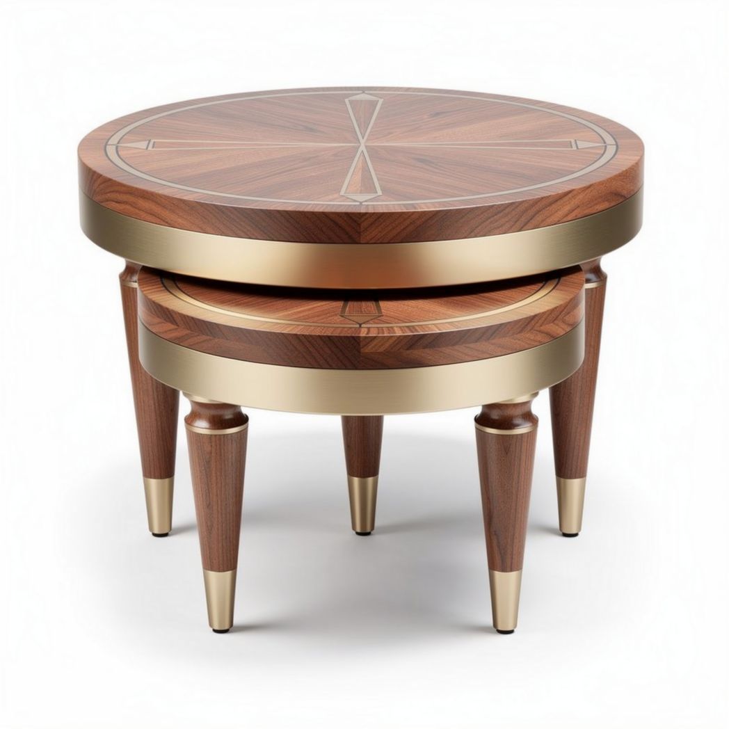 Round nesting coffee table with walnut finish and gold accents 60 x 60 x 45cm