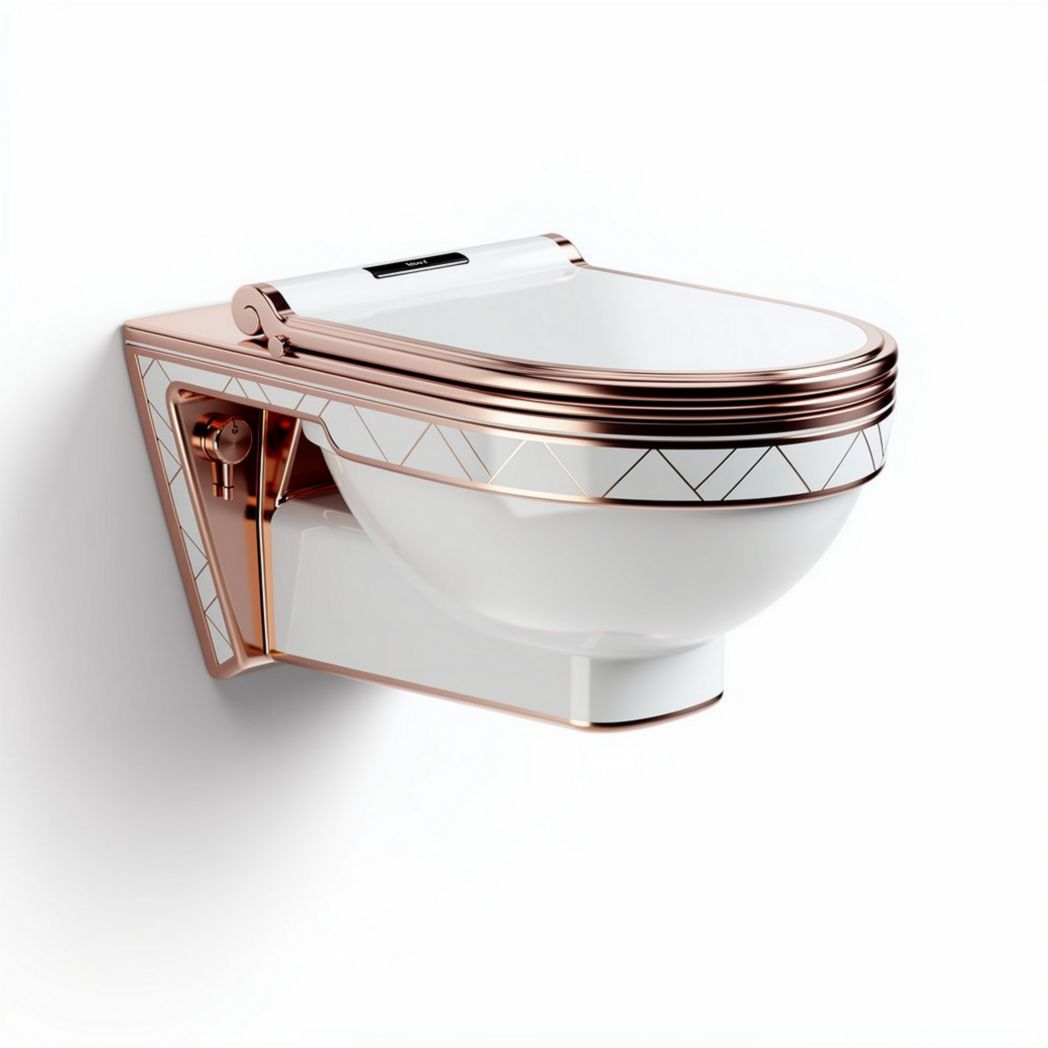 Wall-mounted toilet with dual flush system white ceramic and rose gold accents 50 x 35 x 30cm