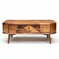 Walnut wood coffee table with geometric design and ample storage space