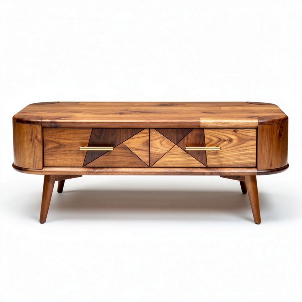Walnut wood coffee table with geometric design and ample storage space