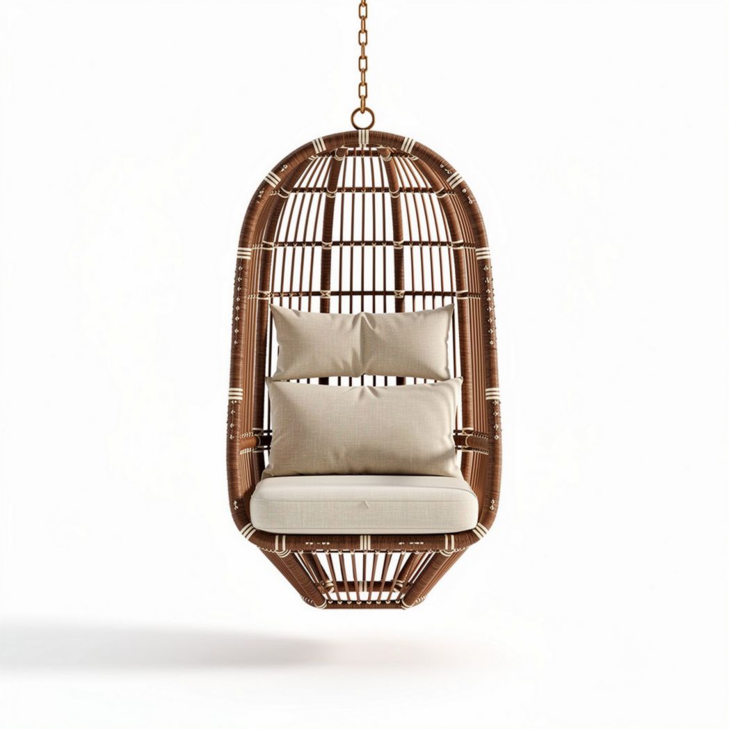 Hanging rattan chair with removable cushions for indoor and outdoor use