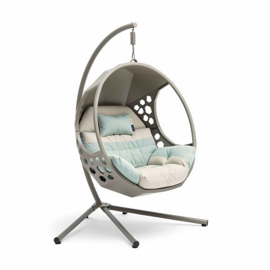 Hanging egg chair with cushioned seating and steel frame in grey and mint color