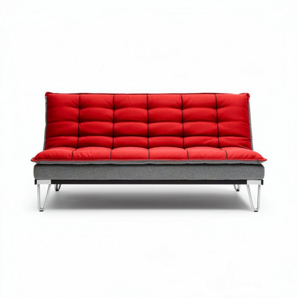 Red fabric futon sofa bed with black metal frame 180 x 90 x 80cm
