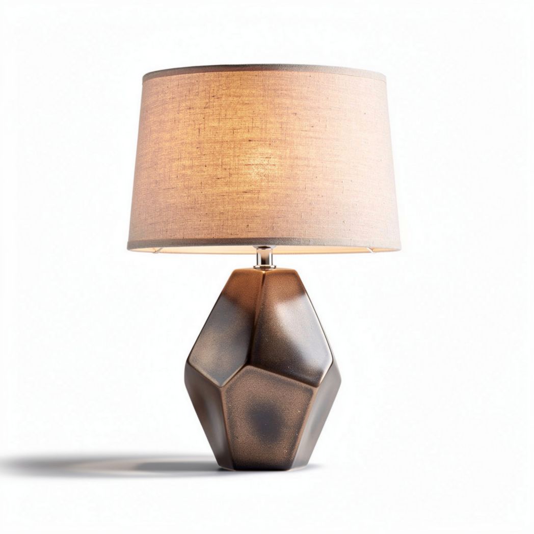 Geometric table lamp with fabric shade in bronze color 30 x 30 x 50cm
