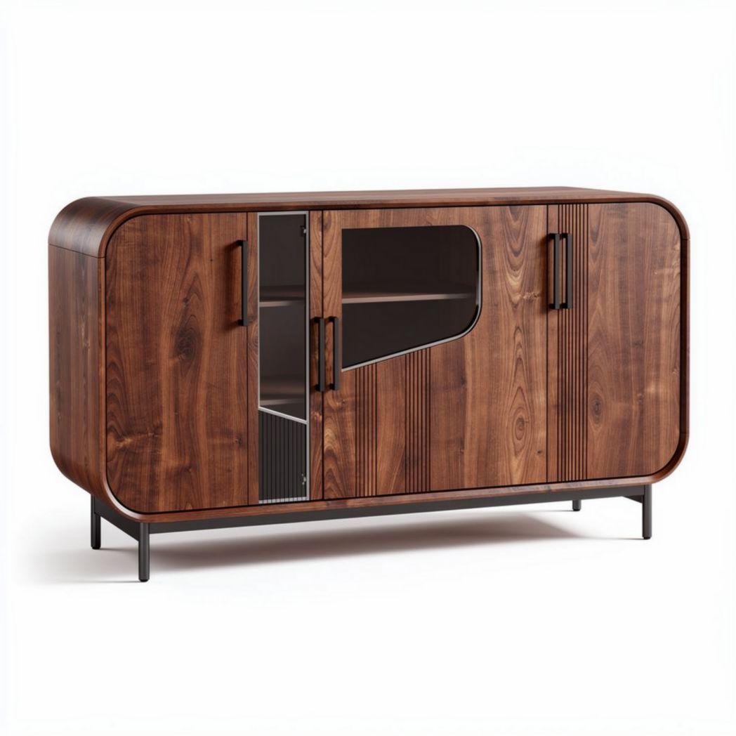 Wooden sideboard with glass doors for living room storage 150 x 50 x 75cm