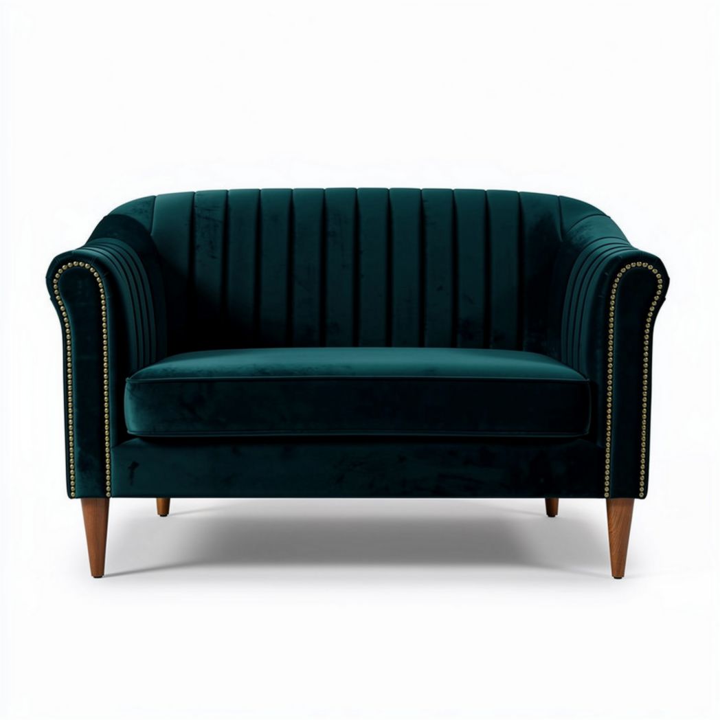 Velvet loveseat with channel tufting and wooden legs in deep green 100 x 80 x 70cm