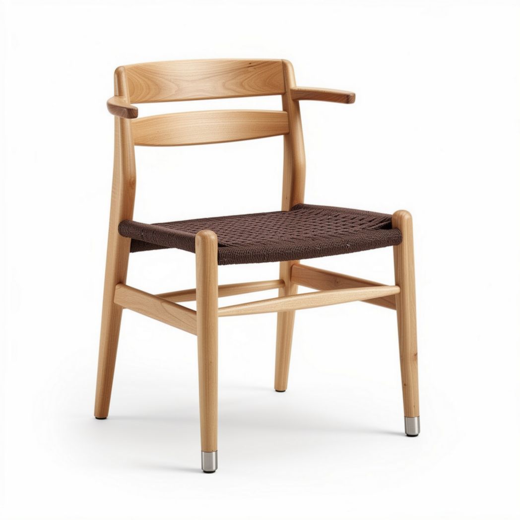 Wooden dining chair with woven seat and armrests in natural finish 45 x 50 x 75cm