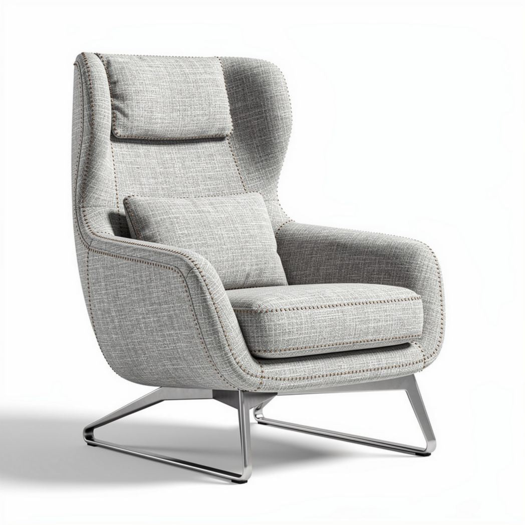 Fabric upholstered modern accent chair with metal base and removable cushions